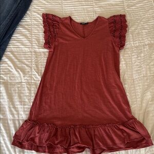 Rusty Red Mini Above the Knee Dress with Crocheted Sleeves - Size Small